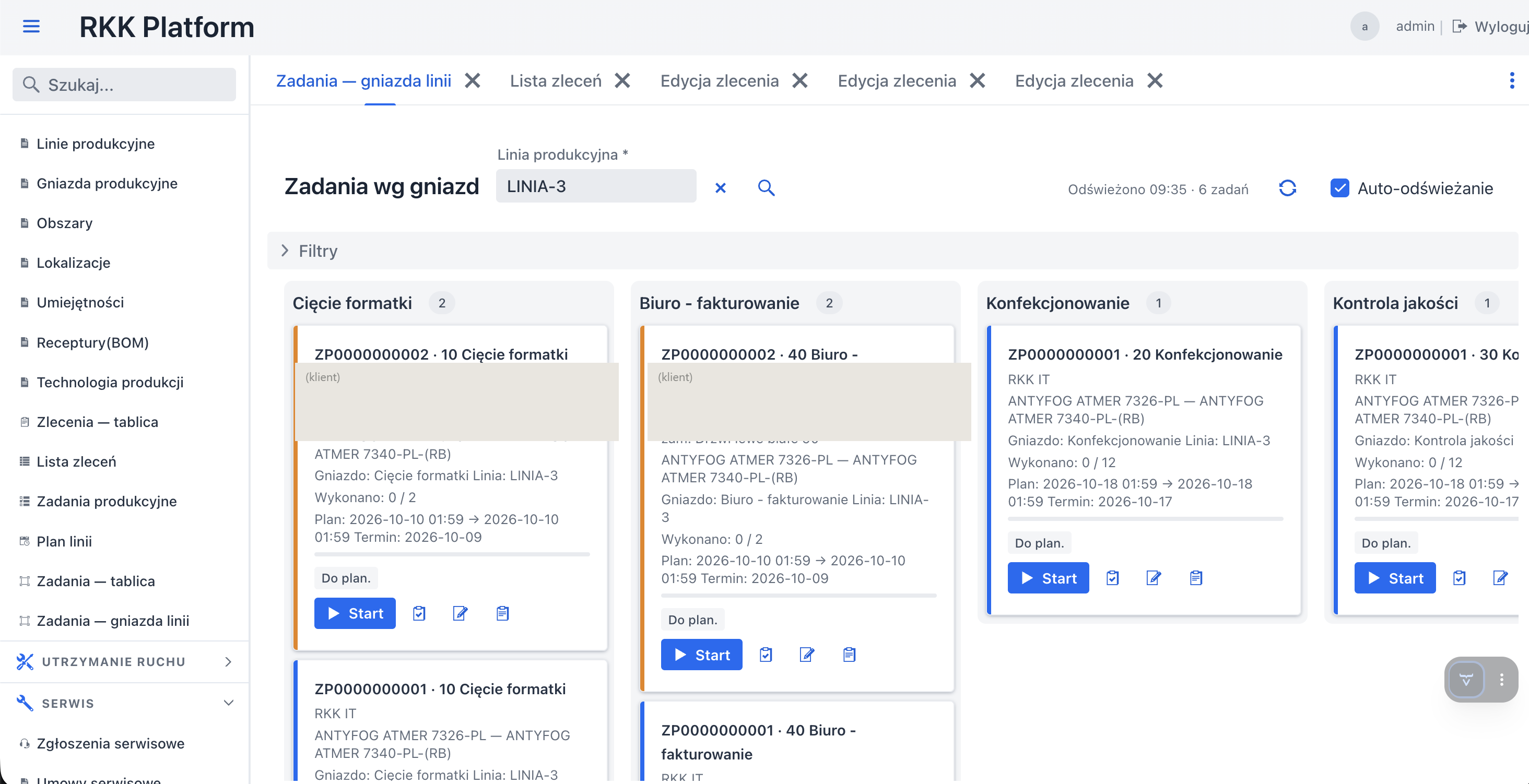 Tablica Kanban zadań produkcyjnych według gniazd linii, z kartami zleceń i przyciskiem Start